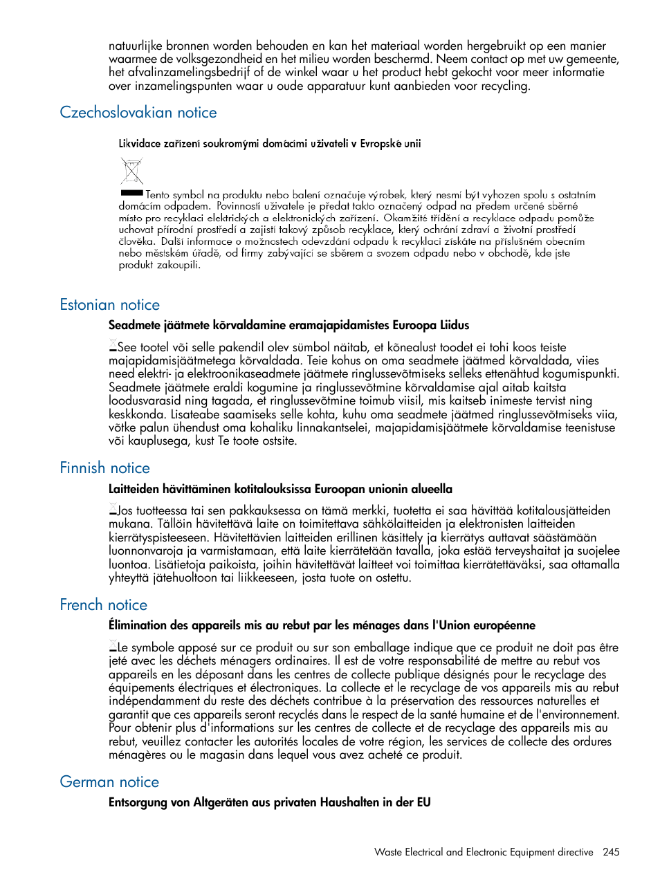 Czechoslovakian notice, Estonian notice, Finnish notice | French notice, German notice, Czechoslovakian notice estonian notice | HP MPX200 Multifunction Router User Manual | Page 245 / 258