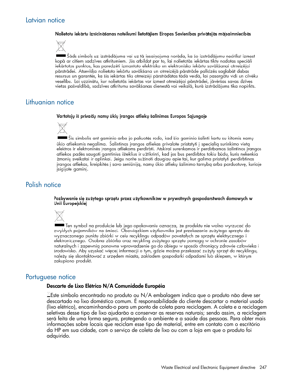 Latvian notice, Lithuanian notice, Polish notice | Portuguese notice | HP MPX200 Multifunction Router User Manual | Page 247 / 258