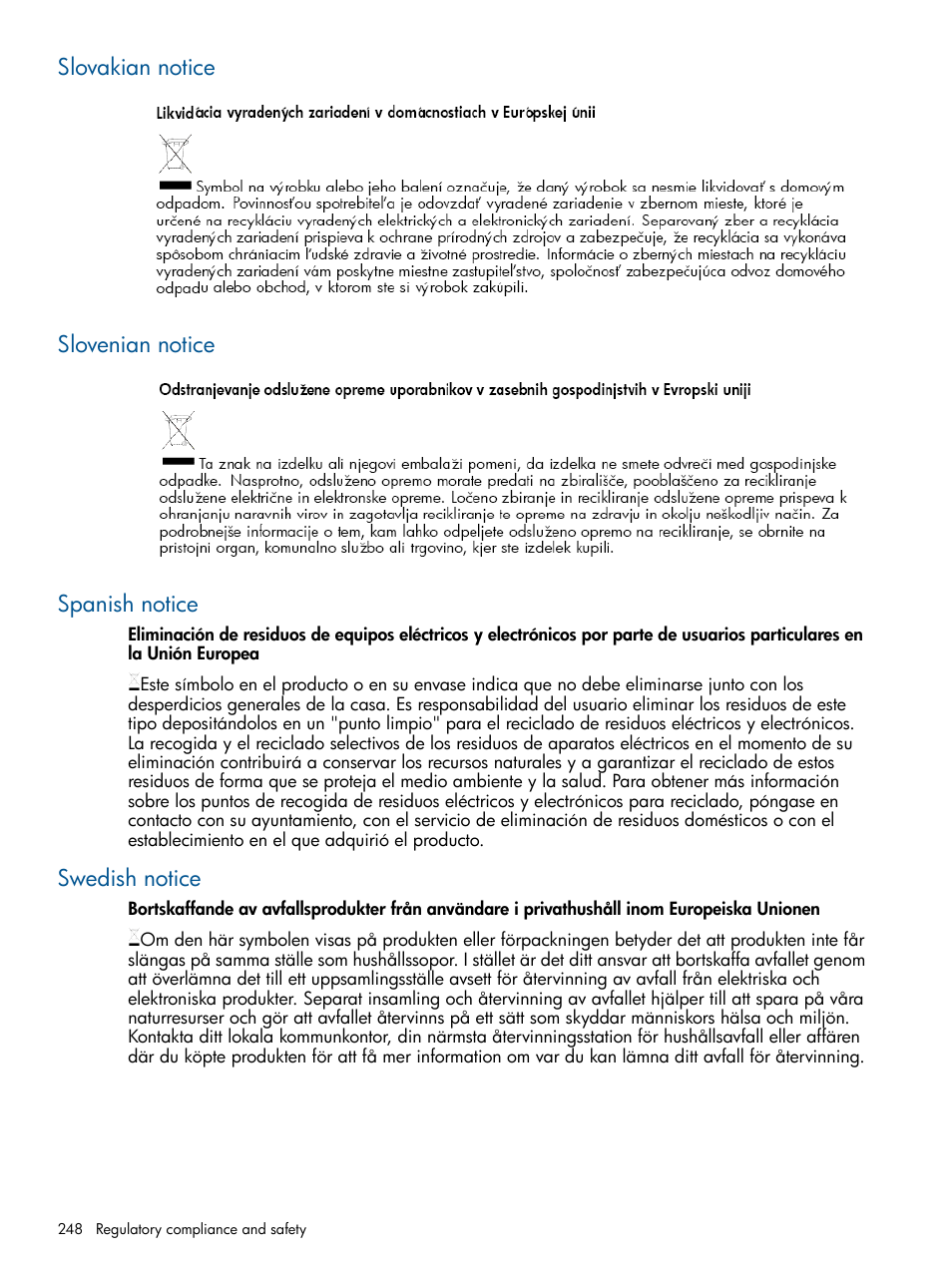 Slovakian notice, Slovenian notice, Spanish notice | Swedish notice, Slovakian notice slovenian notice spanish notice | HP MPX200 Multifunction Router User Manual | Page 248 / 258