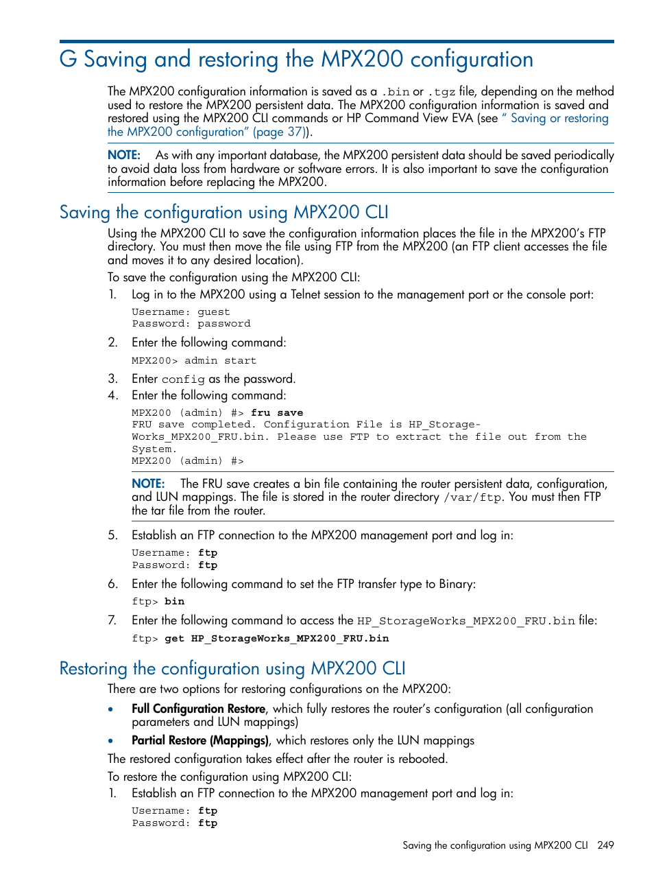 G saving and restoring the mpx200 configuration, Saving the configuration using mpx200 cli, Restoring the configuration using mpx200 cli | HP MPX200 Multifunction Router User Manual | Page 249 / 258