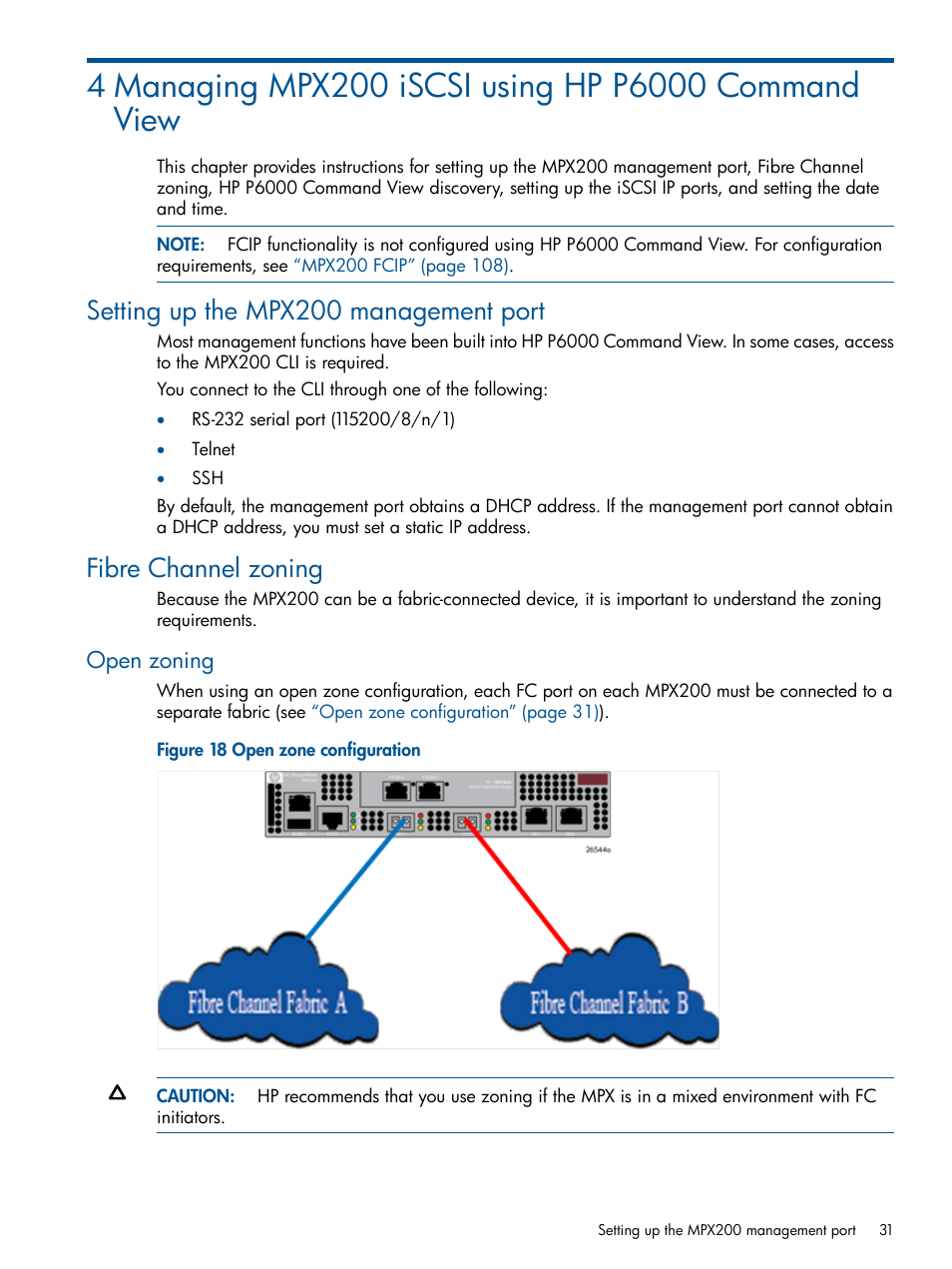 Setting up the mpx200 management port, Fibre channel zoning, Open zoning | HP MPX200 Multifunction Router User Manual | Page 31 / 258