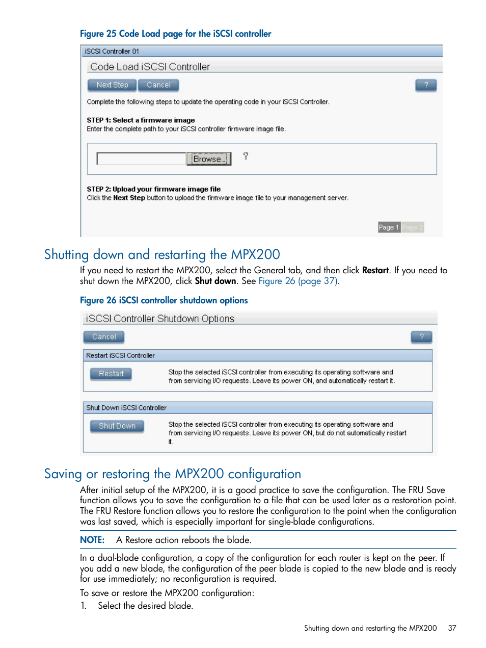 Shutting down and restarting the mpx200, Saving or restoring the mpx200 configuration | HP MPX200 Multifunction Router User Manual | Page 37 / 258