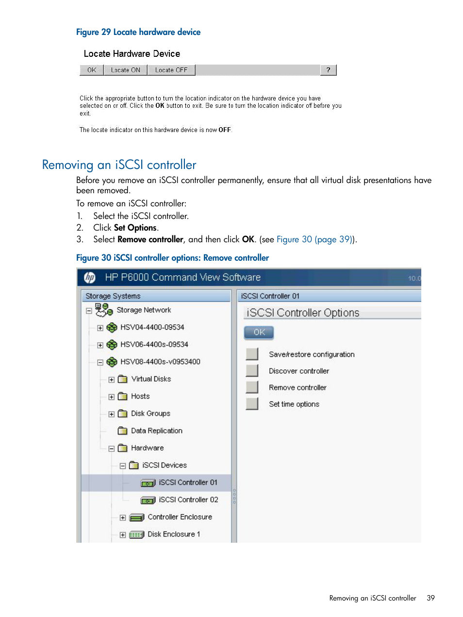 Removing an iscsi controller | HP MPX200 Multifunction Router User Manual | Page 39 / 258