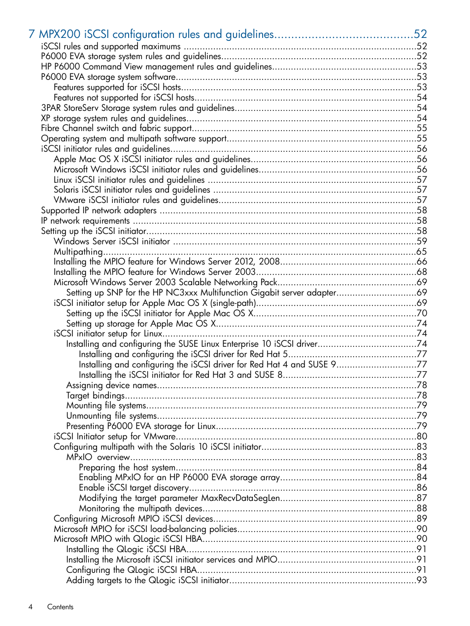 7 mpx200 iscsi configuration rules and guidelines | HP MPX200 Multifunction Router User Manual | Page 4 / 258