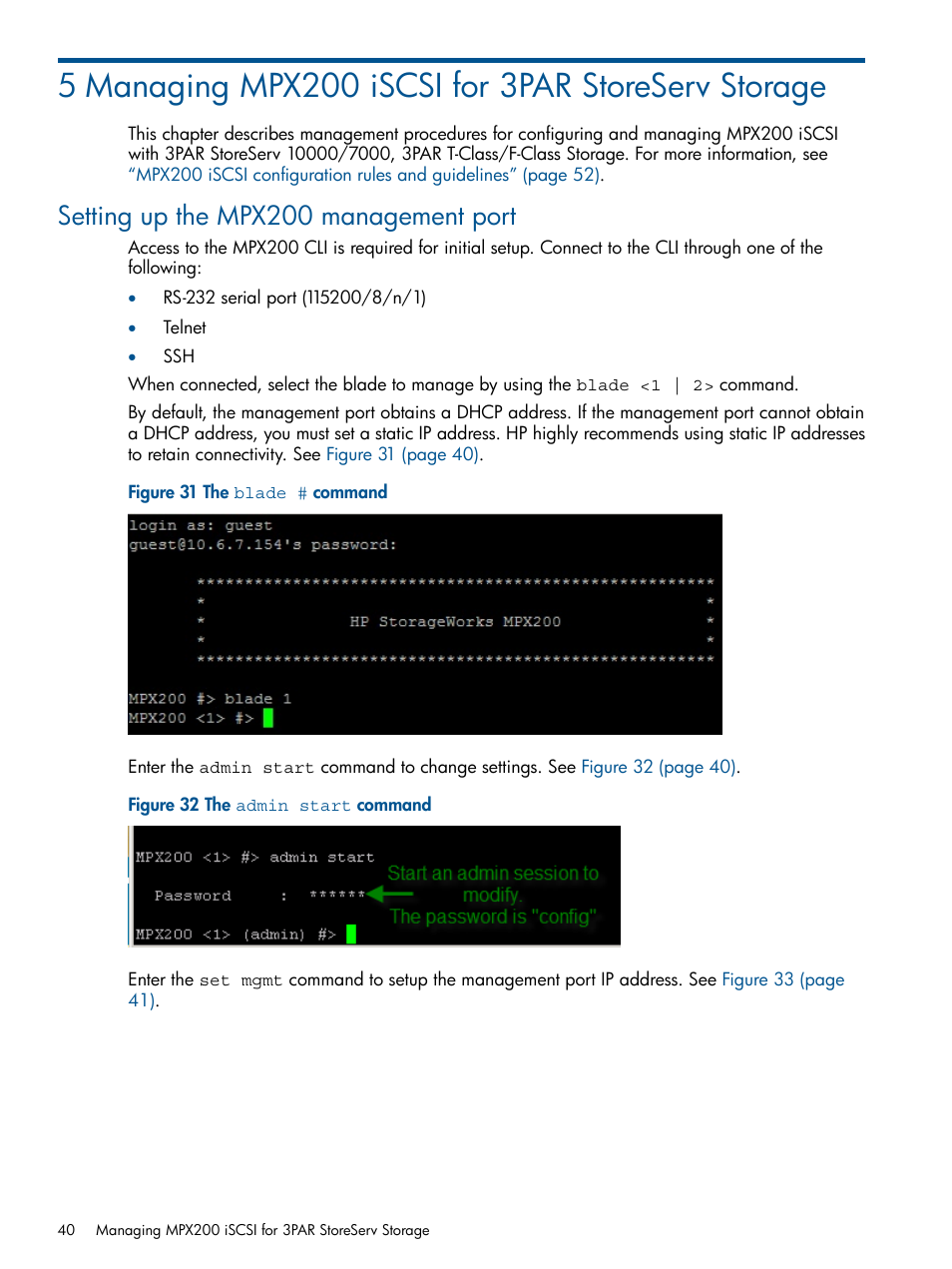 5 managing mpx200 iscsi for 3par storeserv storage, Setting up the mpx200 management port | HP MPX200 Multifunction Router User Manual | Page 40 / 258
