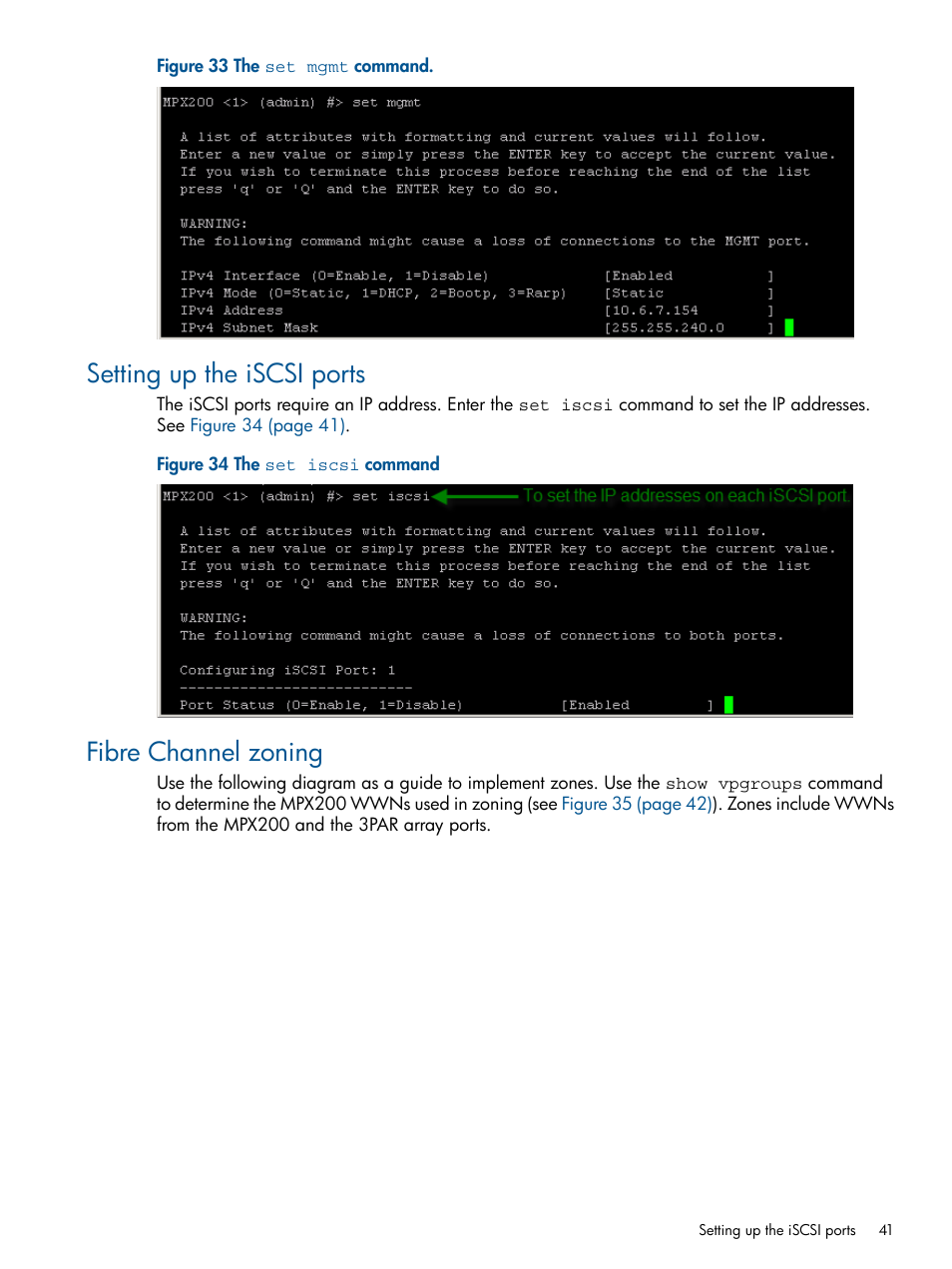 Setting up the iscsi ports, Fibre channel zoning, Setting up the iscsi ports fibre channel zoning | HP MPX200 Multifunction Router User Manual | Page 41 / 258