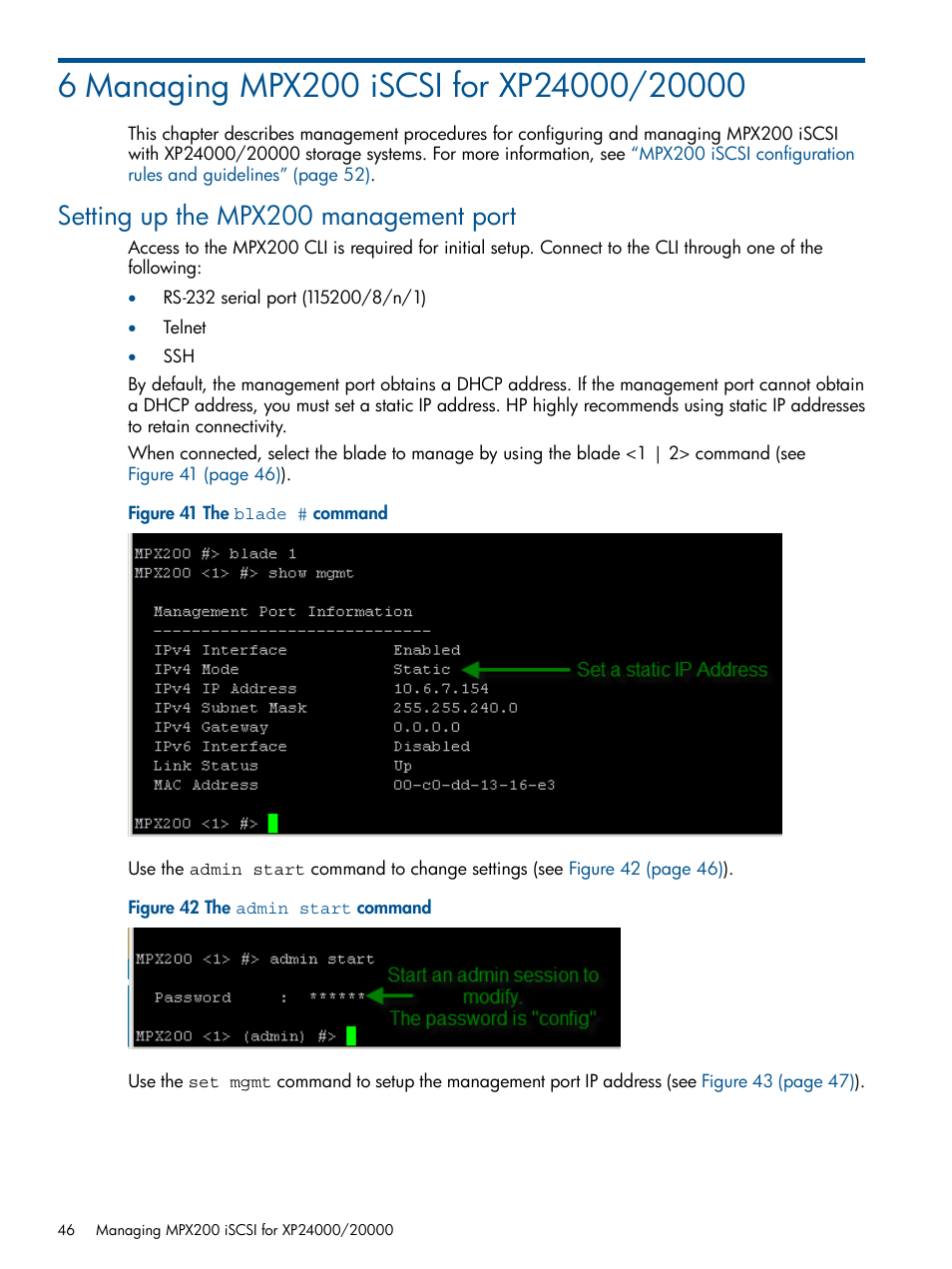 6 managing mpx200 iscsi for xp24000/20000, Setting up the mpx200 management port | HP MPX200 Multifunction Router User Manual | Page 46 / 258