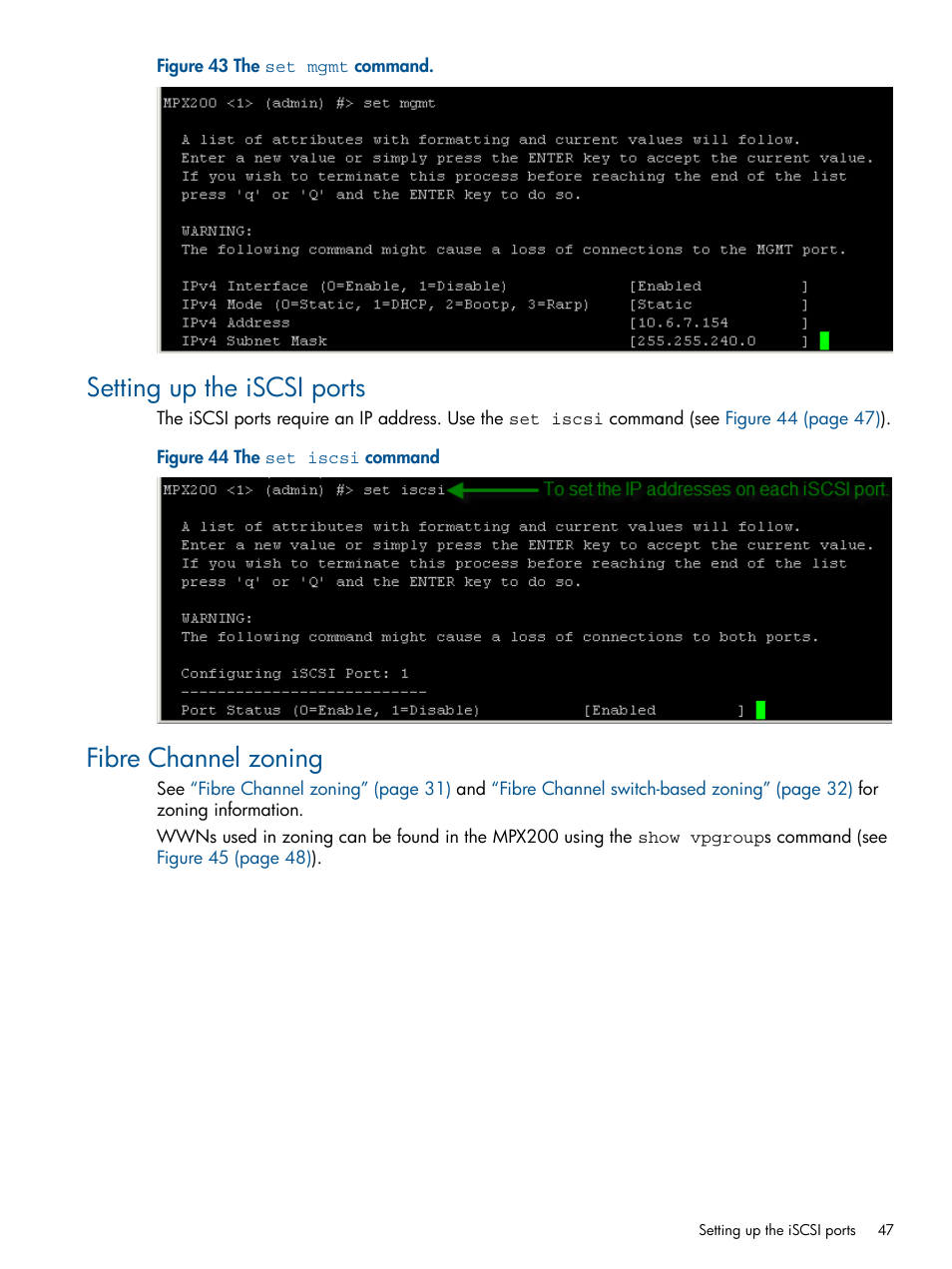 Setting up the iscsi ports, Fibre channel zoning, Setting up the iscsi ports fibre channel zoning | HP MPX200 Multifunction Router User Manual | Page 47 / 258