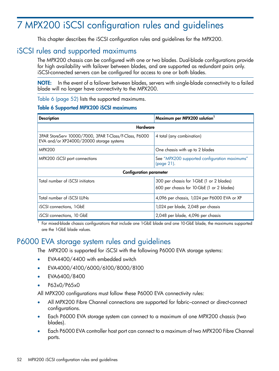 7 mpx200 iscsi configuration rules and guidelines, Iscsi rules and supported maximums, P6000 eva storage system rules and guidelines | Mpx200 iscsi configuration | HP MPX200 Multifunction Router User Manual | Page 52 / 258