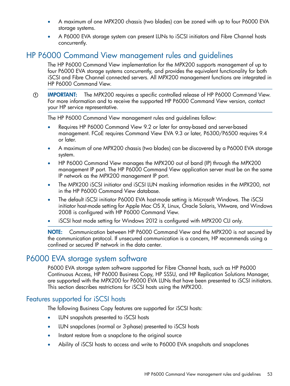 P6000 eva storage system software, Features supported for iscsi hosts | HP MPX200 Multifunction Router User Manual | Page 53 / 258