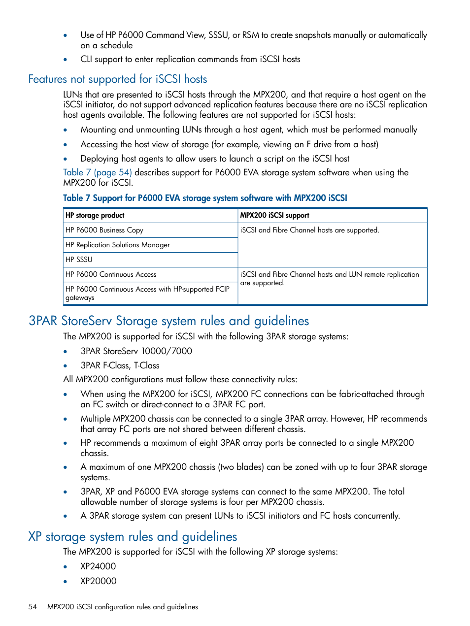 Features not supported for iscsi hosts, 3par storeserv storage system rules and guidelines, Xp storage system rules and guidelines | HP MPX200 Multifunction Router User Manual | Page 54 / 258