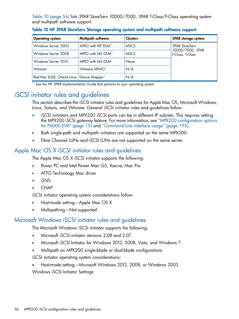 Iscsi initiator rules and guidelines | HP MPX200 Multifunction Router User Manual | Page 56 / 258