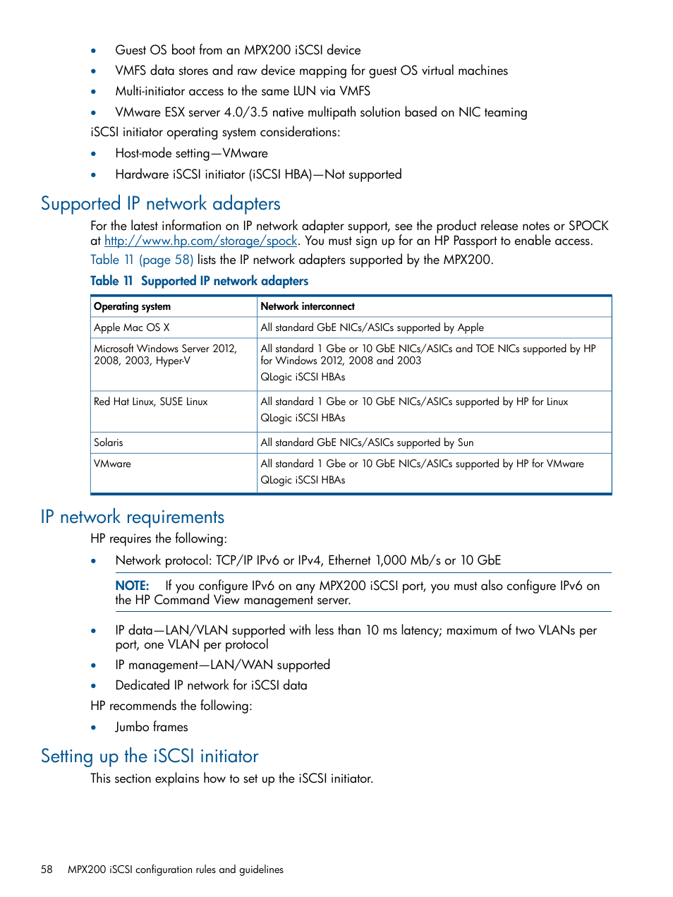 Supported ip network adapters, Ip network requirements, Setting up the iscsi initiator | HP MPX200 Multifunction Router User Manual | Page 58 / 258