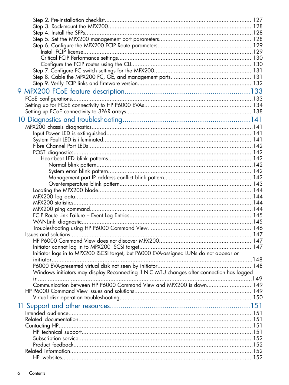 9 mpx200 fcoe feature description, 10 diagnostics and troubleshooting, 11 support and other resources | HP MPX200 Multifunction Router User Manual | Page 6 / 258