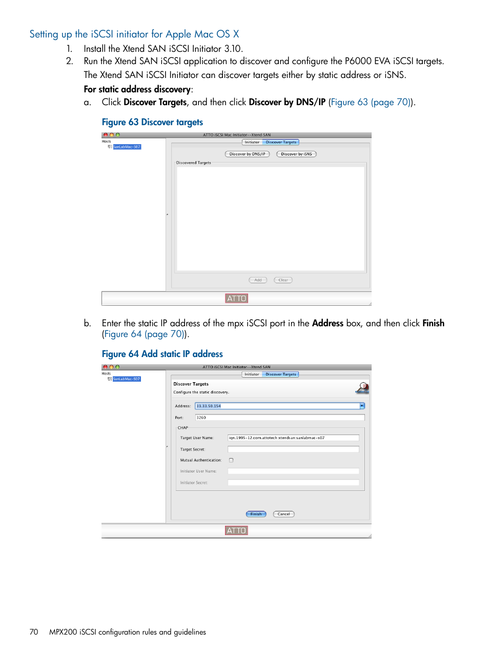 Setting up the iscsi initiator for apple mac os x | HP MPX200 Multifunction Router User Manual | Page 70 / 258