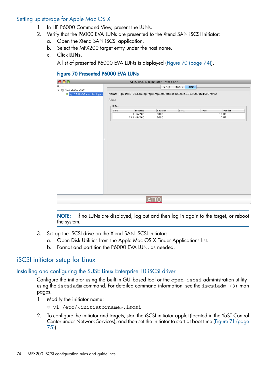 Setting up storage for apple mac os x, Iscsi initiator setup for linux | HP MPX200 Multifunction Router User Manual | Page 74 / 258