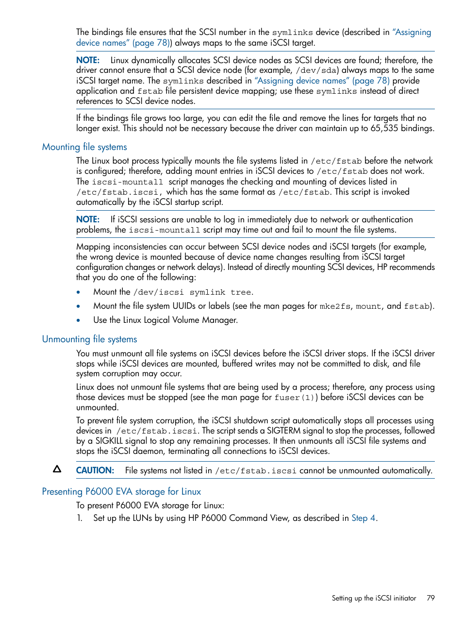 Mounting file systems, Unmounting file systems, Presenting p6000 eva storage for linux | HP MPX200 Multifunction Router User Manual | Page 79 / 258