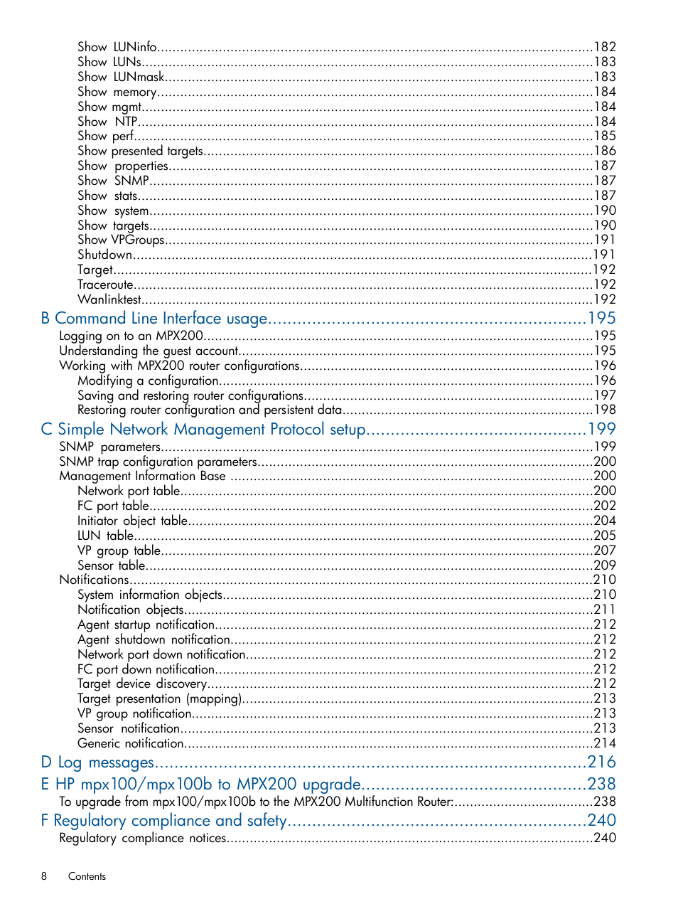 B command line interface usage, C simple network management protocol setup, F regulatory compliance and safety | HP MPX200 Multifunction Router User Manual | Page 8 / 258