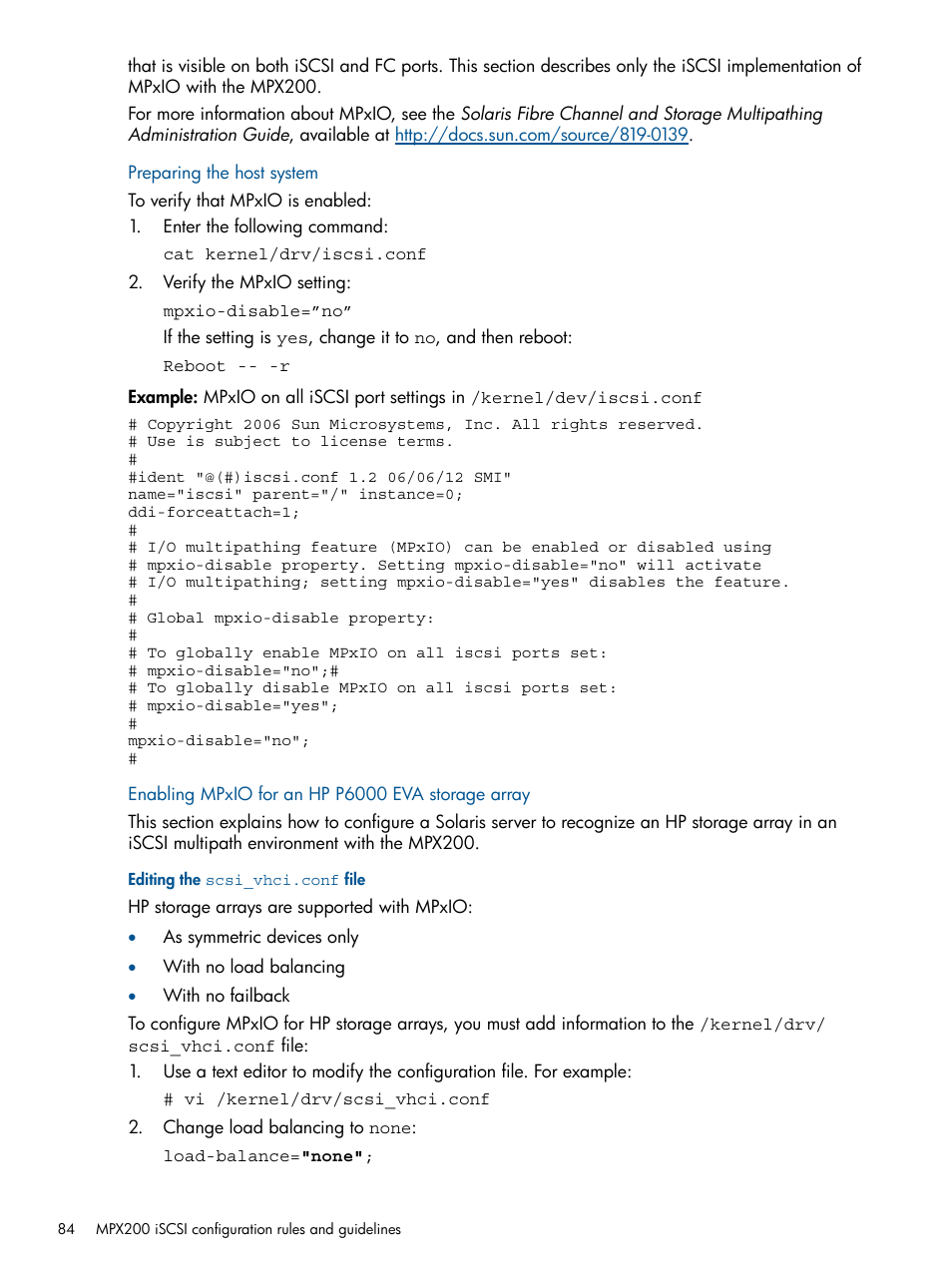 Preparing the host system, Enabling mpxio for an hp p6000 eva storage array, Editing the scsi_vhci.conf file | HP MPX200 Multifunction Router User Manual | Page 84 / 258