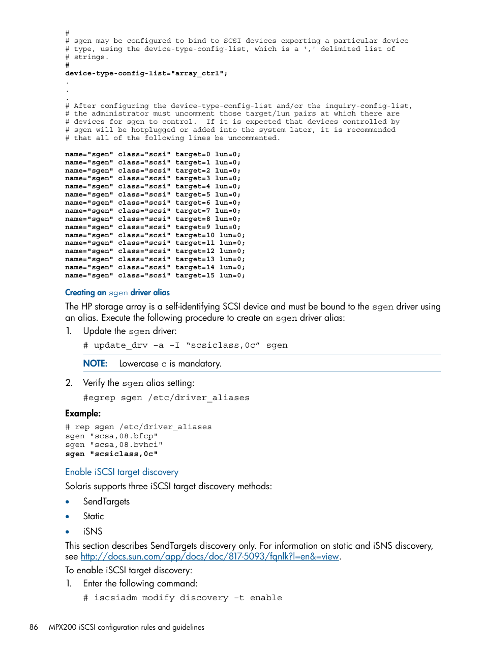 Creating an sgen driver alias, Enable iscsi target discovery | HP MPX200 Multifunction Router User Manual | Page 86 / 258