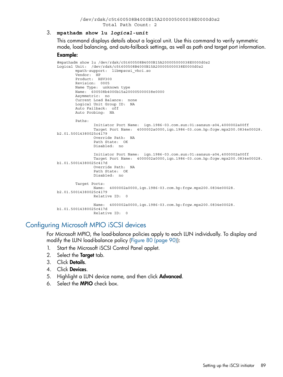 Configuring microsoft mpio iscsi devices | HP MPX200 Multifunction Router User Manual | Page 89 / 258