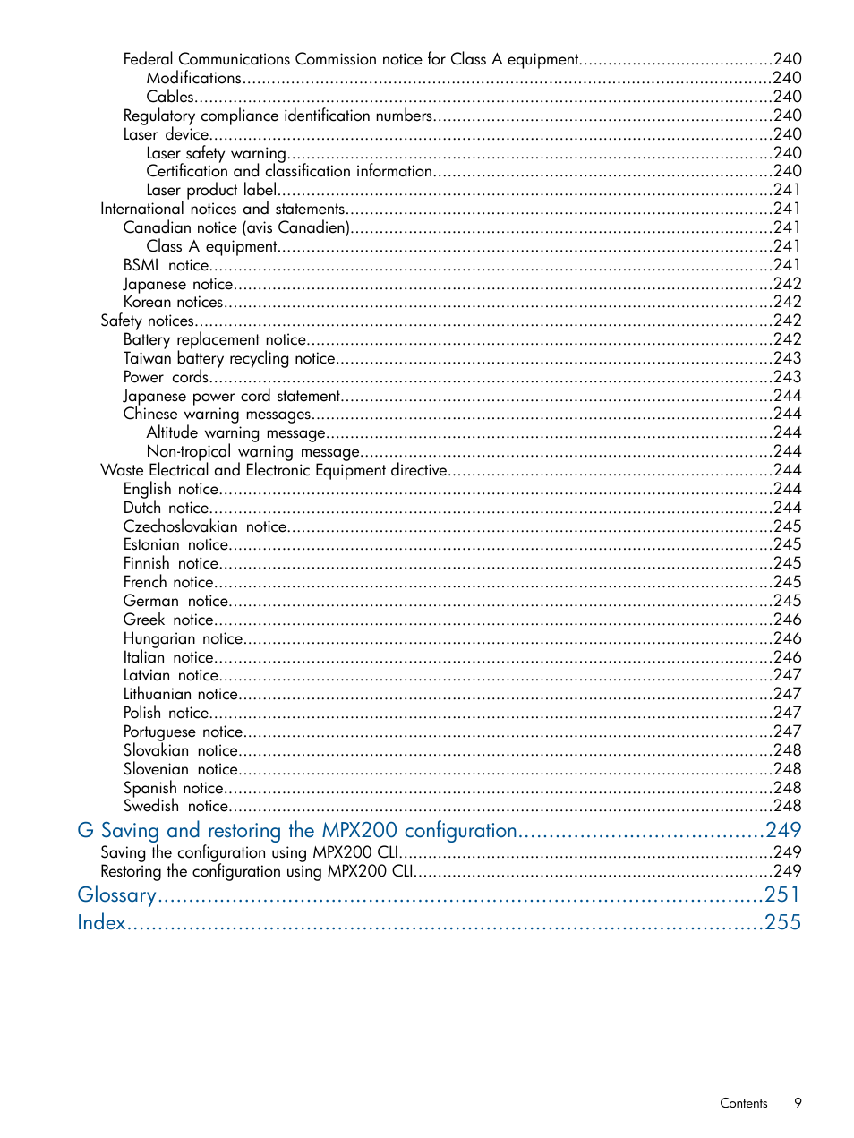 G saving and restoring the mpx200 configuration, Glossary index | HP MPX200 Multifunction Router User Manual | Page 9 / 258