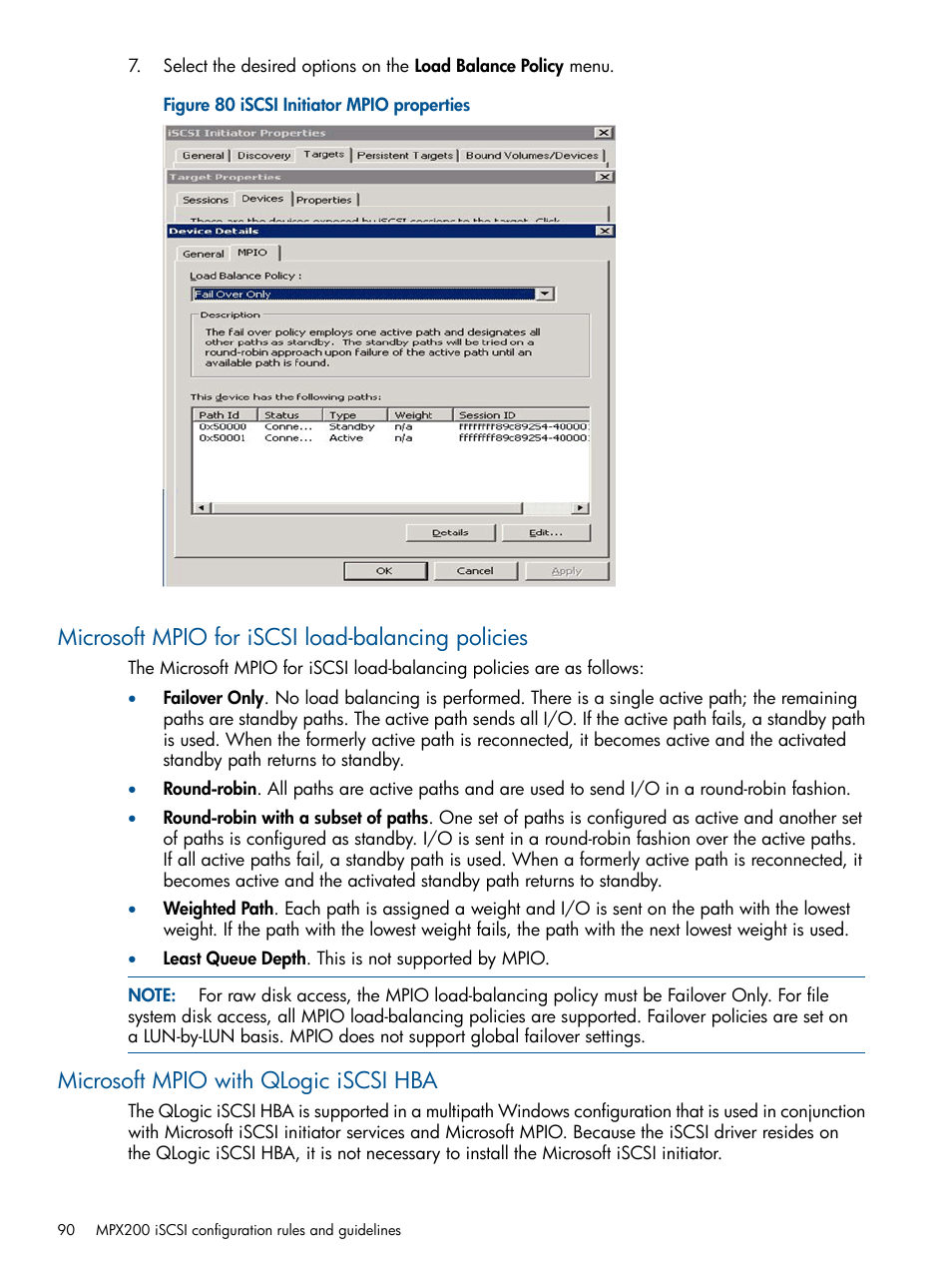 Microsoft mpio for iscsi load-balancing policies, Microsoft mpio with qlogic iscsi hba | HP MPX200 Multifunction Router User Manual | Page 90 / 258