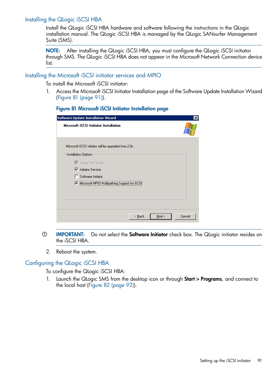 Installing the qlogic iscsi hba, Configuring the qlogic iscsi hba | HP MPX200 Multifunction Router User Manual | Page 91 / 258