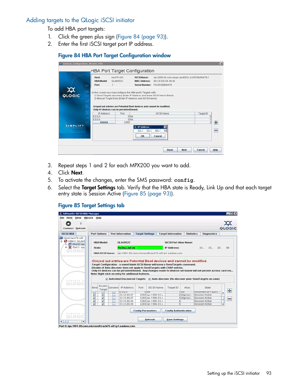 Adding targets to the qlogic iscsi initiator | HP MPX200 Multifunction Router User Manual | Page 93 / 258