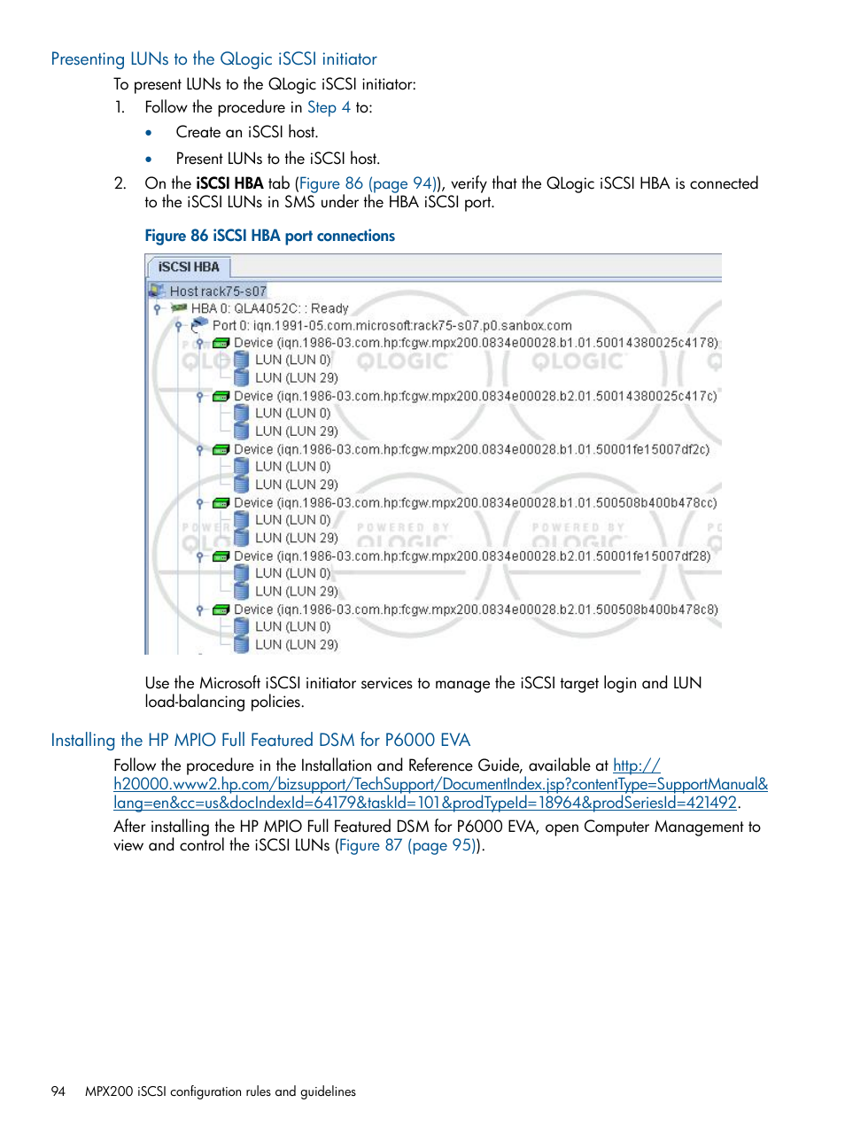 Presenting luns to the qlogic iscsi initiator | HP MPX200 Multifunction Router User Manual | Page 94 / 258