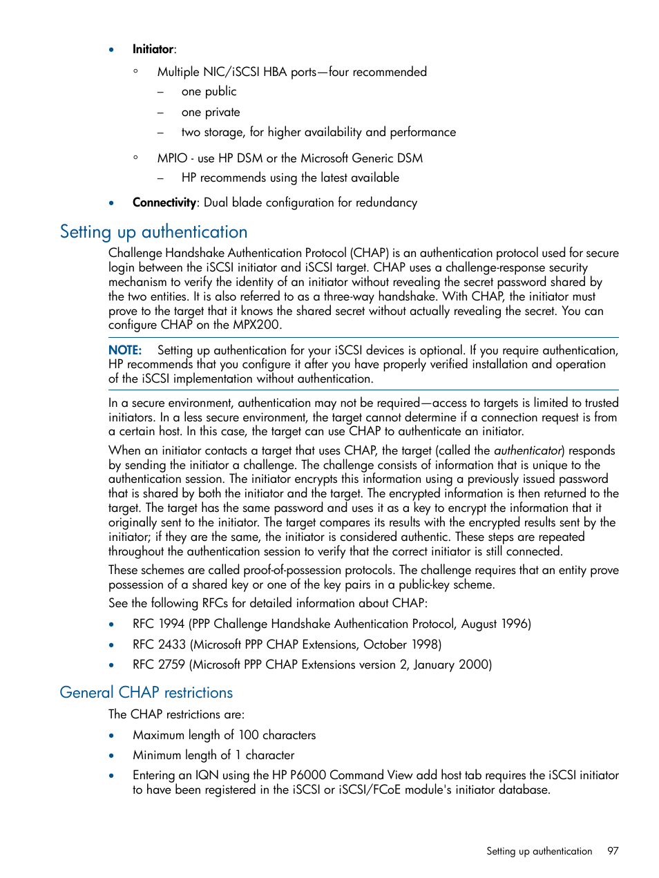 Setting up authentication, General chap restrictions | HP MPX200 Multifunction Router User Manual | Page 97 / 258