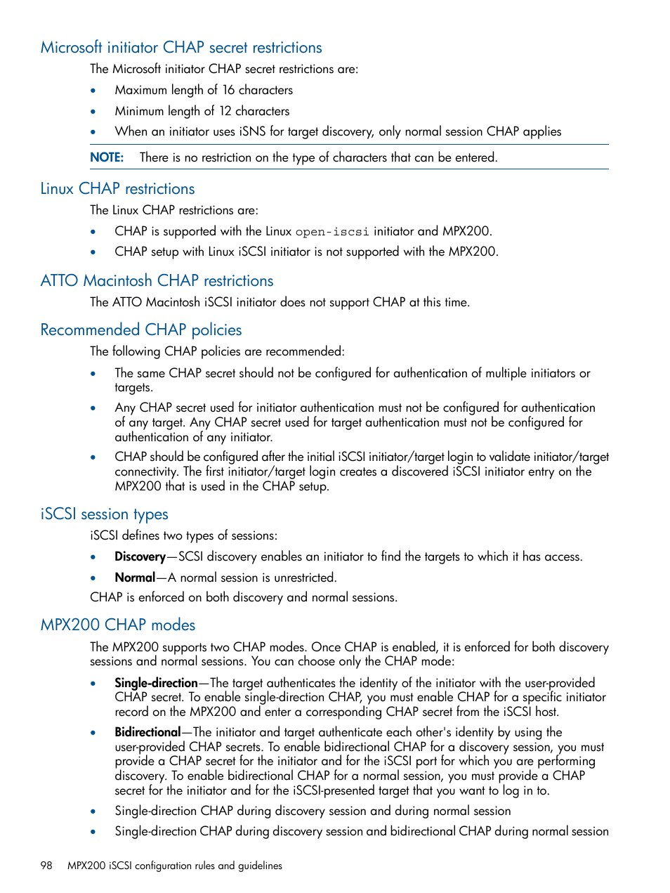 Microsoft initiator chap secret restrictions, Linux chap restrictions, Atto macintosh chap restrictions | Recommended chap policies, Iscsi session types, Mpx200 chap modes | HP MPX200 Multifunction Router User Manual | Page 98 / 258