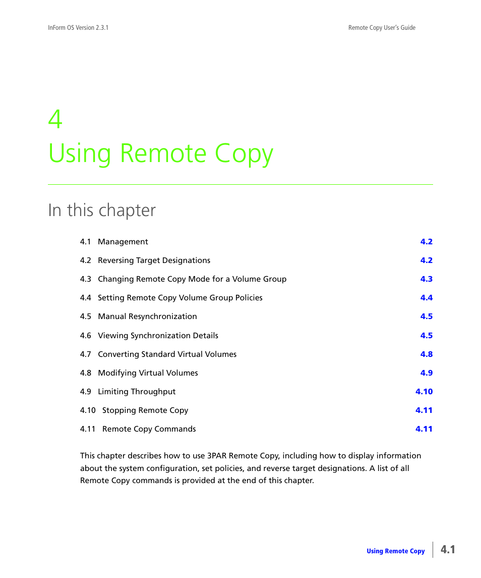 Using remote copy, Chapter 4, using remote copy, 4 using remote copy | HP 3PAR Remote Copy Software User Manual | Page 107 / 344