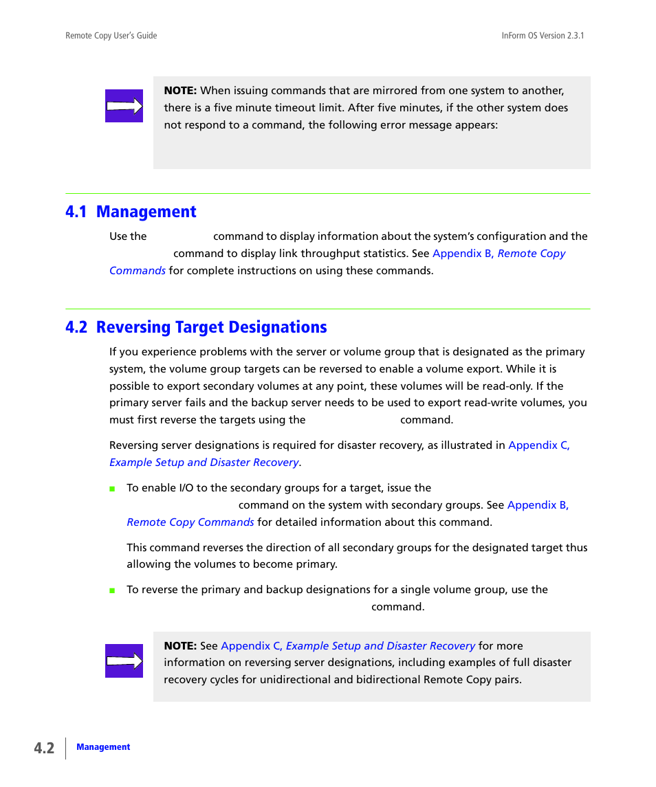 1 management, 2 reversing target designations, Management | Reversing target designations | HP 3PAR Remote Copy Software User Manual | Page 108 / 344