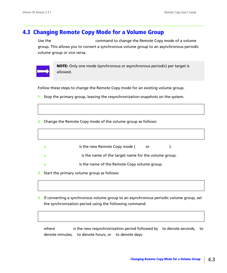 3 changing remote copy mode for a volume group, Changing remote copy mode for a volume group | HP 3PAR Remote Copy Software User Manual | Page 109 / 344