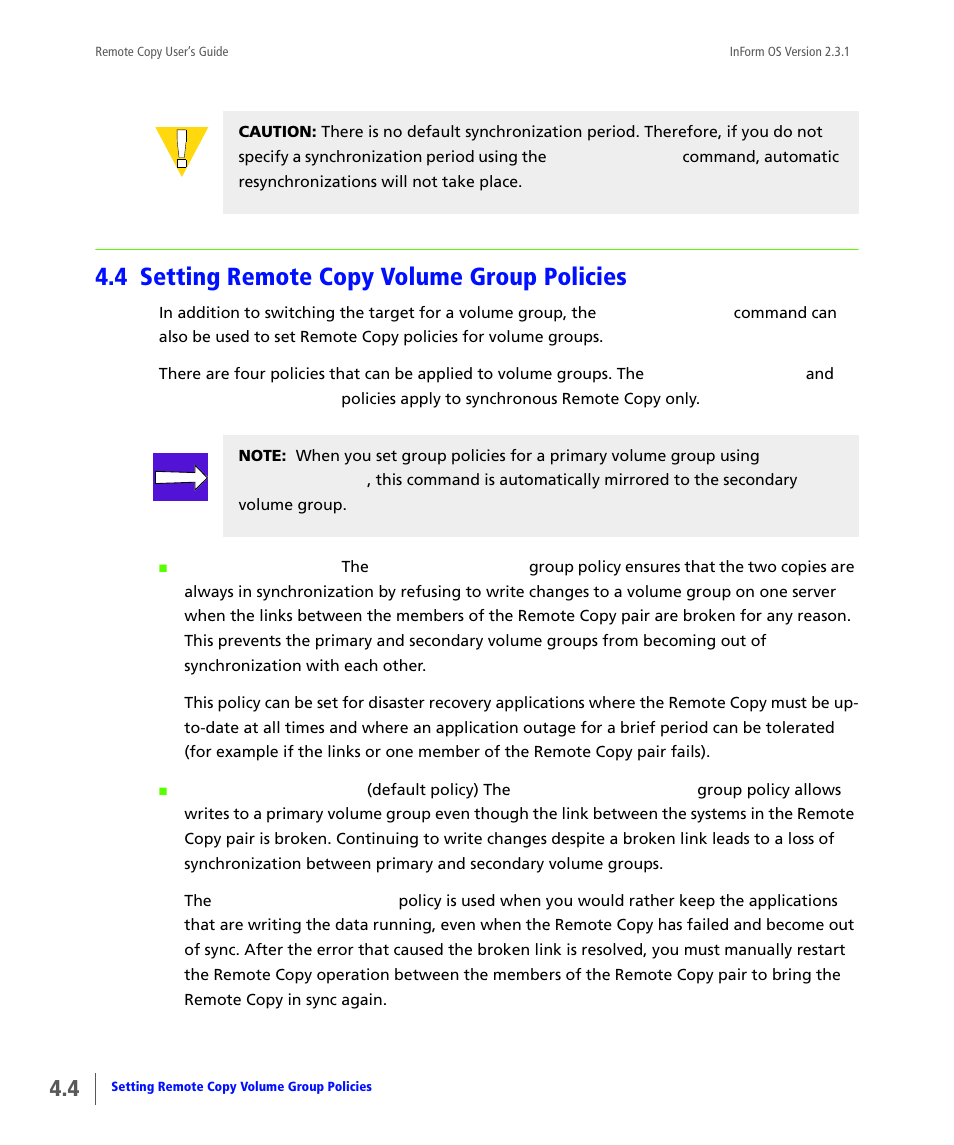 4 setting remote copy volume group policies, Setting remote copy volume group policies, Setting remote copy volume | Group policies | HP 3PAR Remote Copy Software User Manual | Page 110 / 344