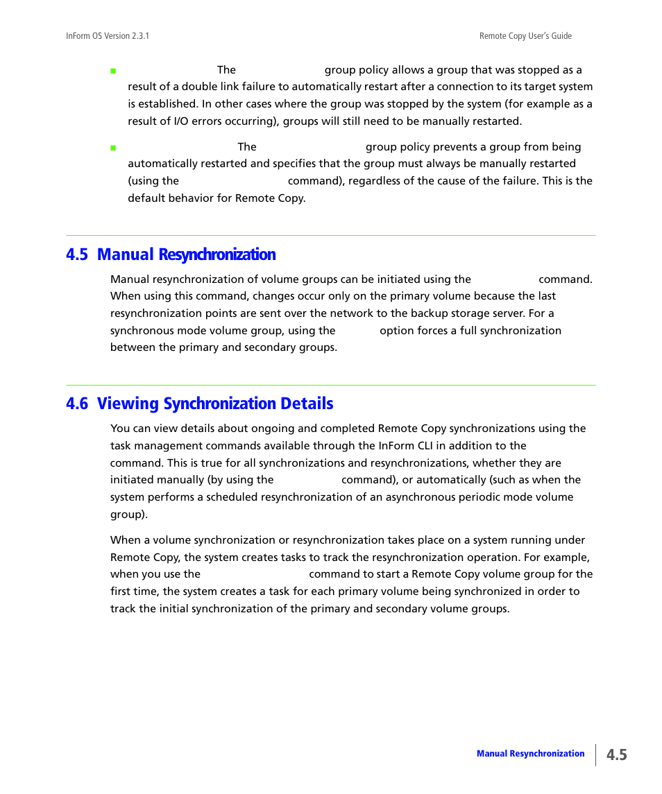 5 manual resynchronization, 6 viewing synchronization details, Manual resynchronization | Viewing synchronization details | HP 3PAR Remote Copy Software User Manual | Page 111 / 344