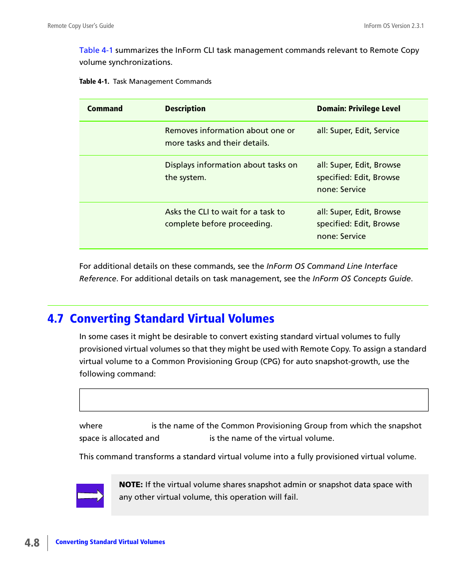 7 converting standard virtual volumes, Converting standard virtual volumes | HP 3PAR Remote Copy Software User Manual | Page 114 / 344