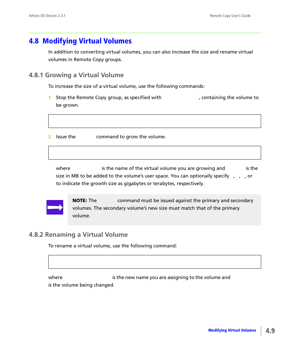 8 modifying virtual volumes, 1 growing a virtual volume, 2 renaming a virtual volume | Modifying virtual volumes, Growing a virtual volume, Renaming a virtual volume | HP 3PAR Remote Copy Software User Manual | Page 115 / 344