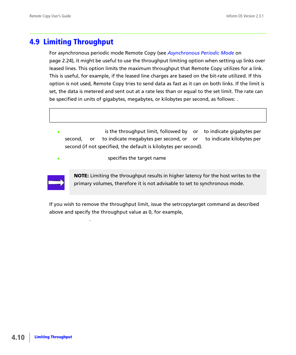 9 limiting throughput, Limiting throughput | HP 3PAR Remote Copy Software User Manual | Page 116 / 344