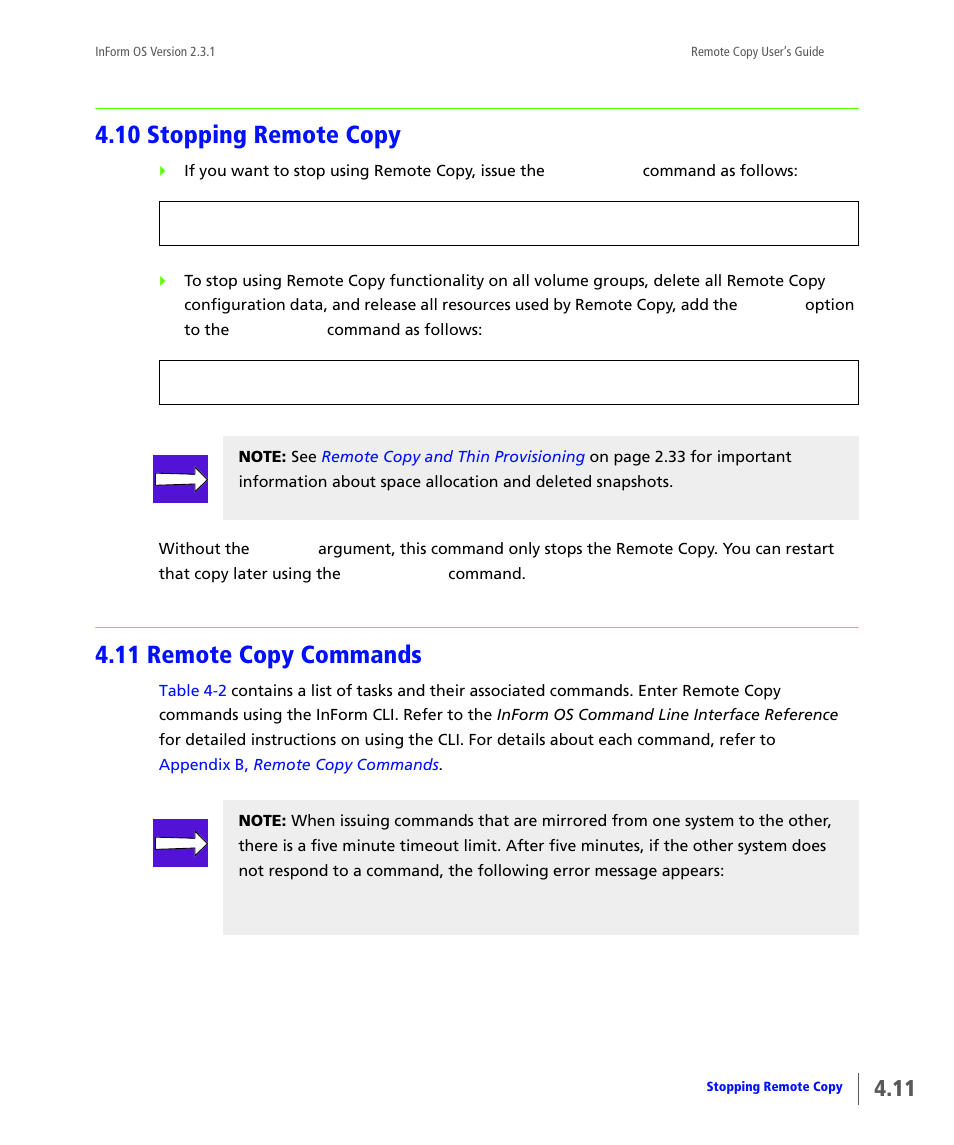 10 stopping remote copy, 11 remote copy commands, Stopping remote copy | Remote copy commands | HP 3PAR Remote Copy Software User Manual | Page 117 / 344