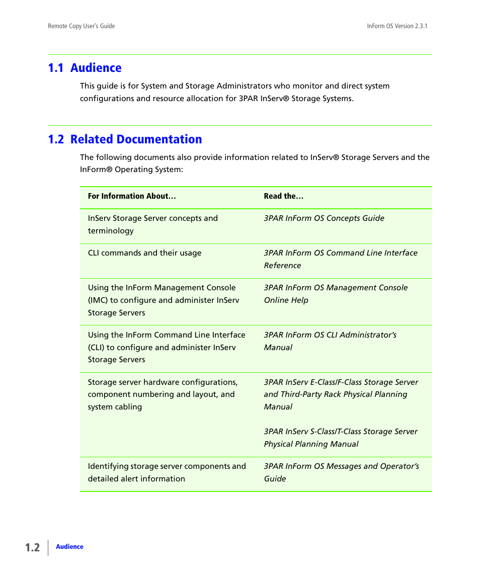 1 audience, 2 related documentation, Audience | Related documentation | HP 3PAR Remote Copy Software User Manual | Page 12 / 344