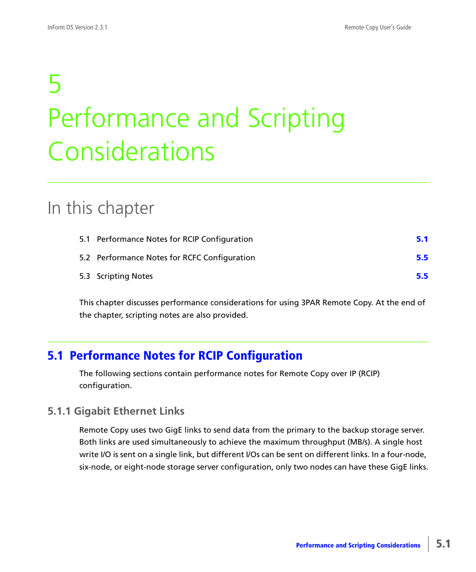Performance and scripting considerations, 1 performance notes for rcip configuration, 1 gigabit ethernet links | Performance notes for rcip configuration, Gigabit ethernet links, Gives, 5 performance and scripting considerations | HP 3PAR Remote Copy Software User Manual | Page 121 / 344