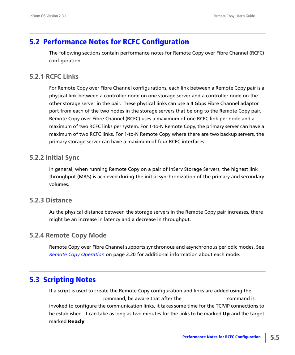 2 performance notes for rcfc configuration, 1 rcfc links, 2 initial sync | 3 distance, 4 remote copy mode, 3 scripting notes, Performance notes for rcfc configuration, Rcfc links, Initial sync, Distance | HP 3PAR Remote Copy Software User Manual | Page 125 / 344