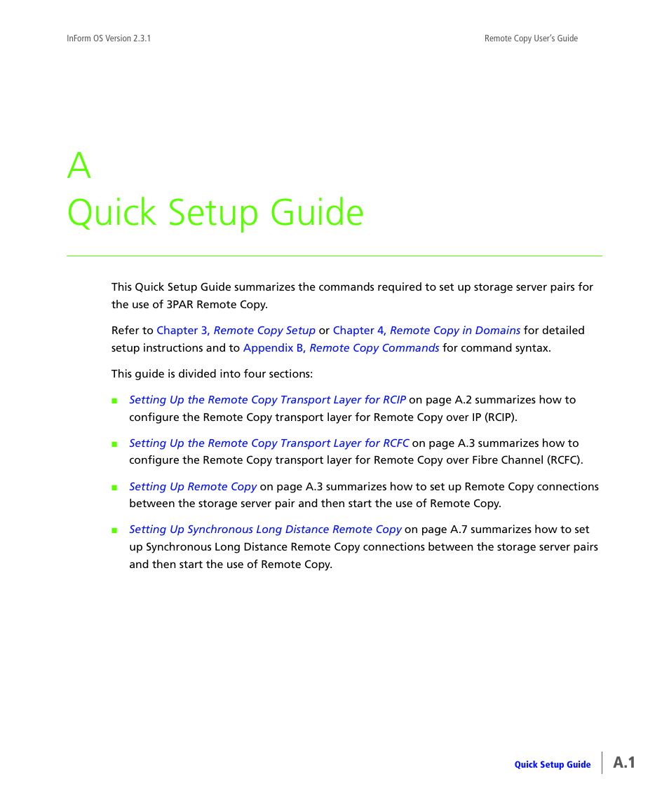 Quick setup guide, Appendix a, quick setup guide, A quick setup guide | HP 3PAR Remote Copy Software User Manual | Page 127 / 344