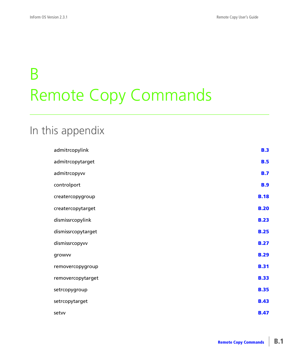 Remote copy commands, Appendix b, Appendix b, remote copy commands | Command. see, Appendix b, remote copy, Commands, B remote copy commands | HP 3PAR Remote Copy Software User Manual | Page 137 / 344