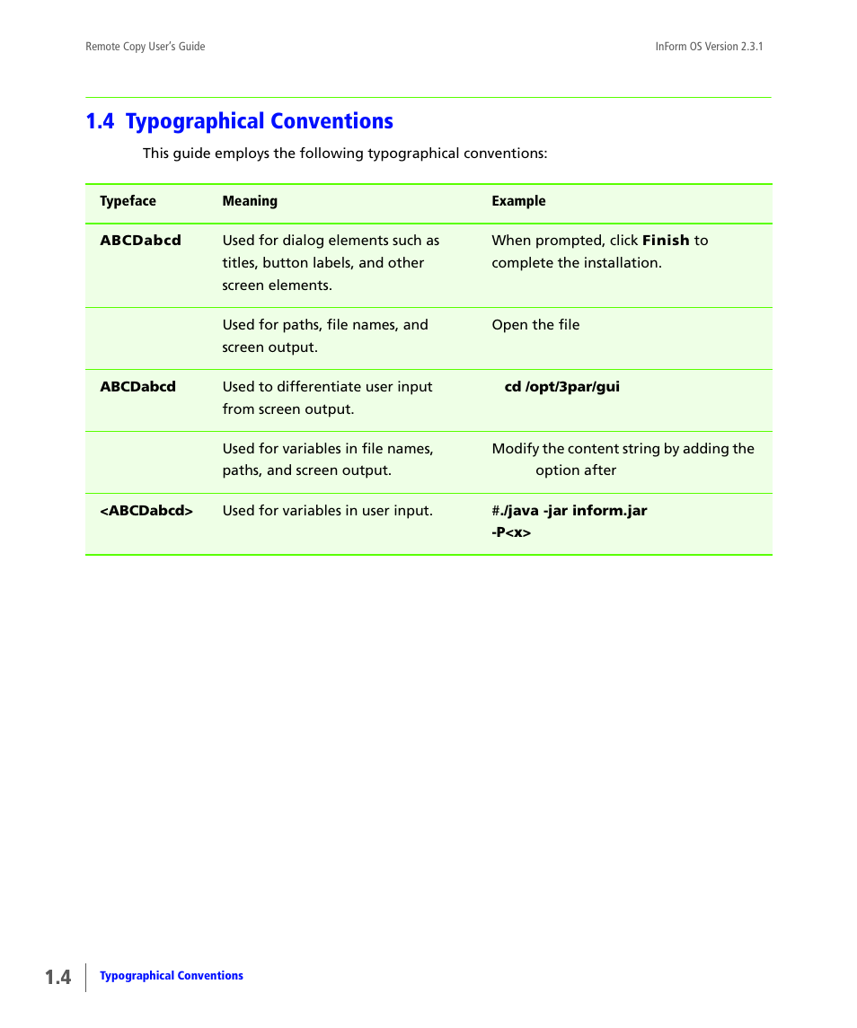 4 typographical conventions, Typographical conventions | HP 3PAR Remote Copy Software User Manual | Page 14 / 344