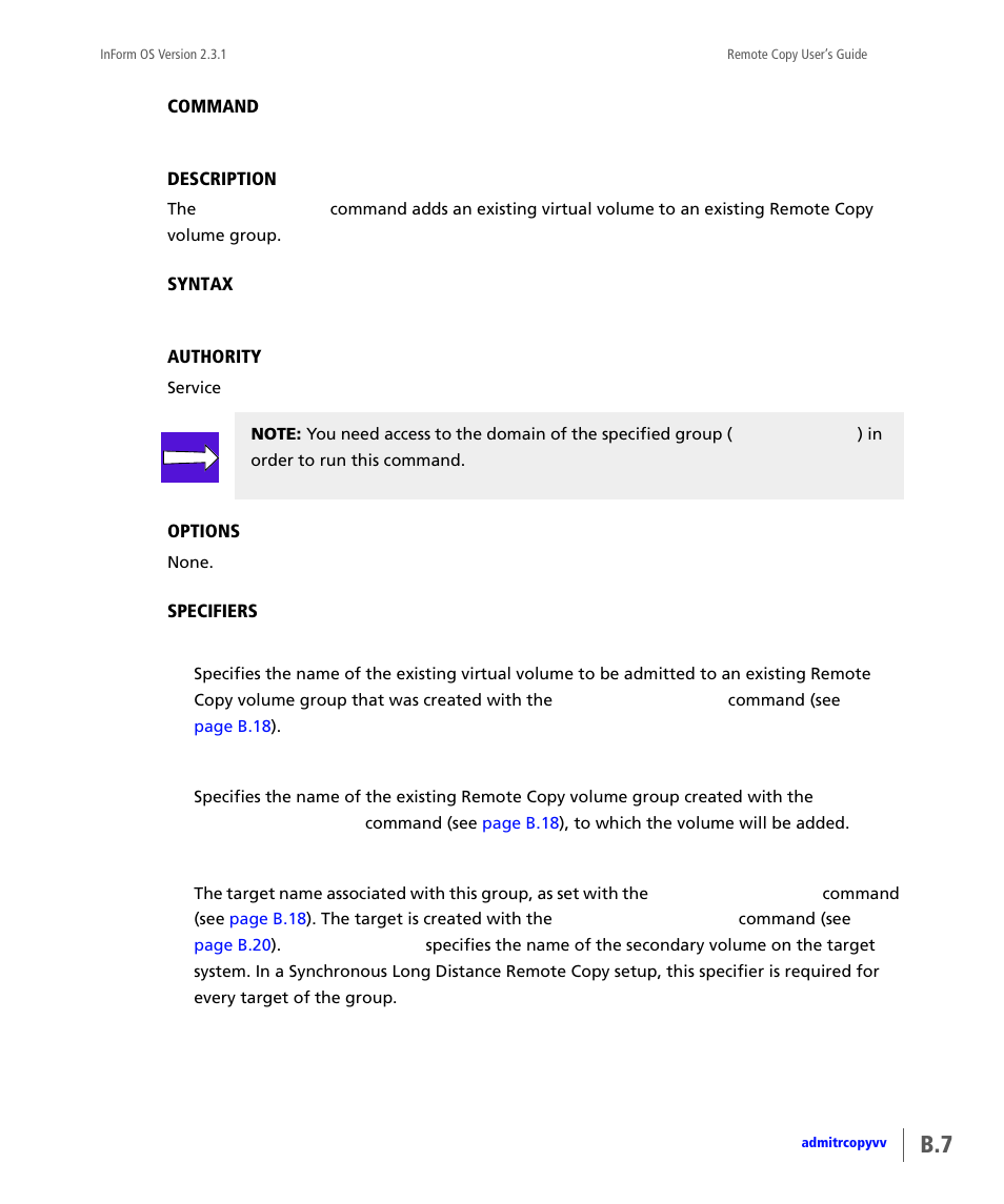 Admitrcopyvv | HP 3PAR Remote Copy Software User Manual | Page 143 / 344