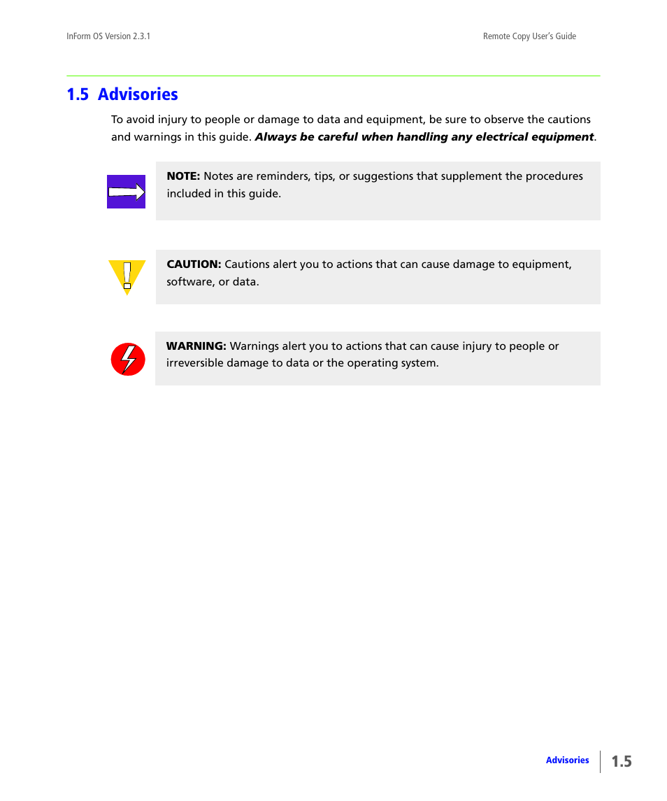 5 advisories, Advisories | HP 3PAR Remote Copy Software User Manual | Page 15 / 344