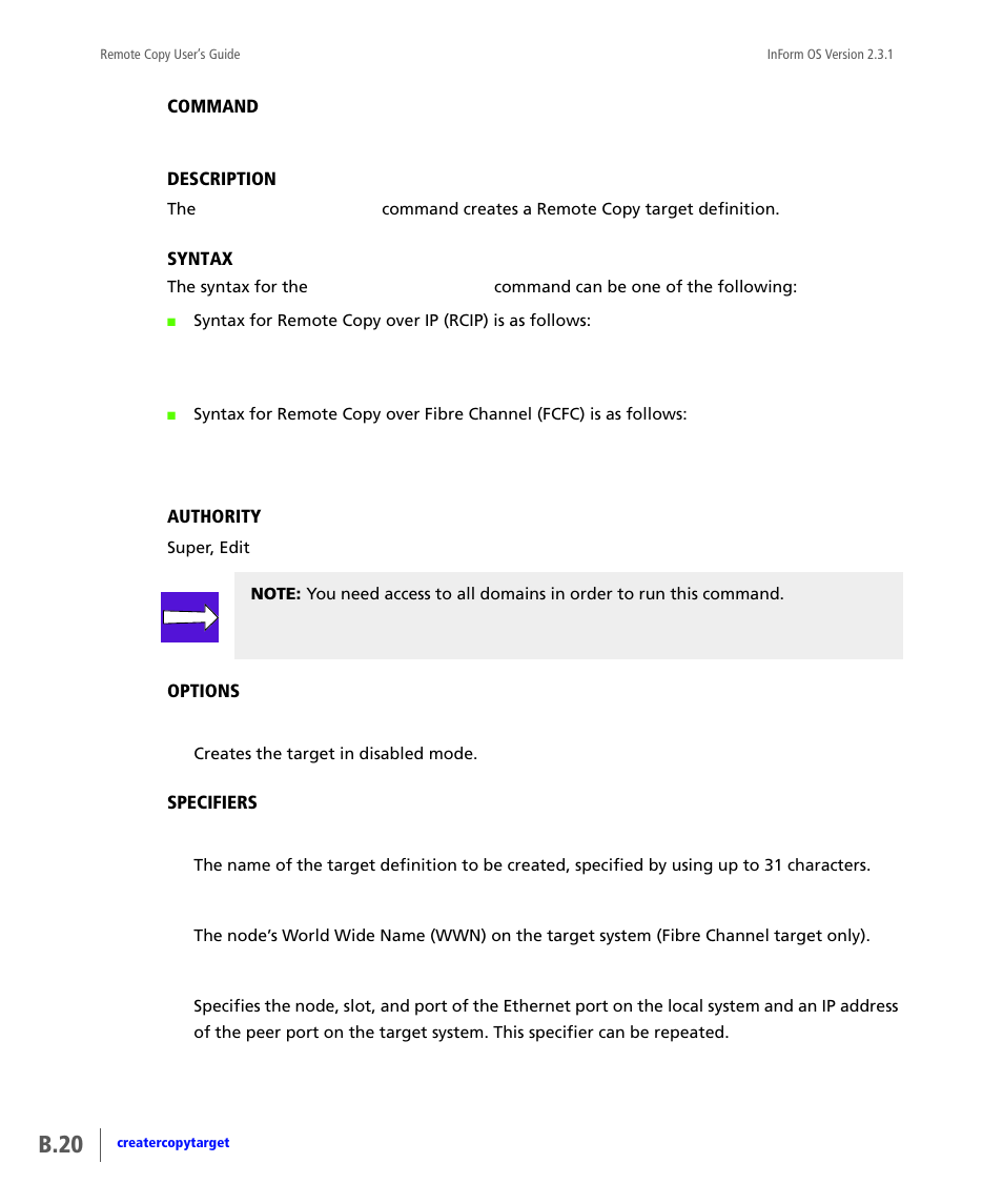 Creatercopytarget, B.20 | HP 3PAR Remote Copy Software User Manual | Page 156 / 344
